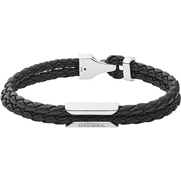 Diesel Armband Stackables, schwarzes Lederarmband mit Edelstahlakzent, L 18,5 cm, glänzend, DX1247040