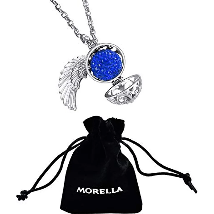 Morella Damen Schutzengel Halskette Edelstahl 70 cm mit Wechsel-Klangkugel und Zirkonia, blauer Anhänger Engelsflügel Ø 16 mm in Schmuckbeutel – Bild 3