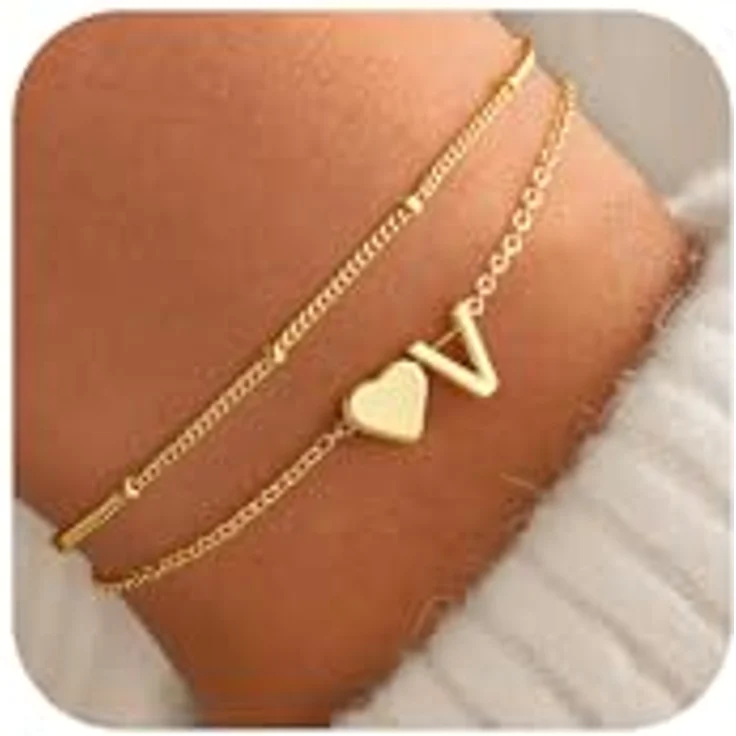 TINGN Herz Armband Damen, Layered Gold Armband mit Buchstaben V, verstellbare Länge 15 cm + 5 cm, nickelfrei und hypoallergen, perfekt als Geburtstagsgeschenk – Bild 1
