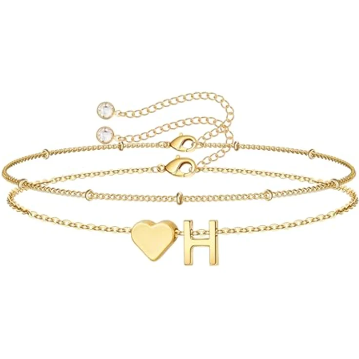 TINGN Herz Armband Damen Gold, 14K goldvergoldetes, mehrlagiges Buchstabenarmband mit Charm H, verstellbare Armkette für Teenager und Frauen, hypoallergenes Material, Geschenkidee – Bild 1