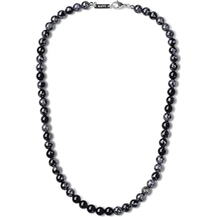 GAVU Handgemachte Schneeflocke Obsidian Herren Halskette 55cm, 8mm Perlen, Edelstahl Fleur De Lis, klarheitsspendend – Bild 1