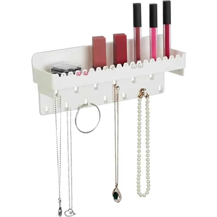 Relaxdays Schmuckhalter Wand, Kettenhalter mit Ablage für Ketten, Ohrringe & Armbänder, weiß, 13 Haken, 18 Steckplätze, HxBxT: 12 x 30 x 8 cm