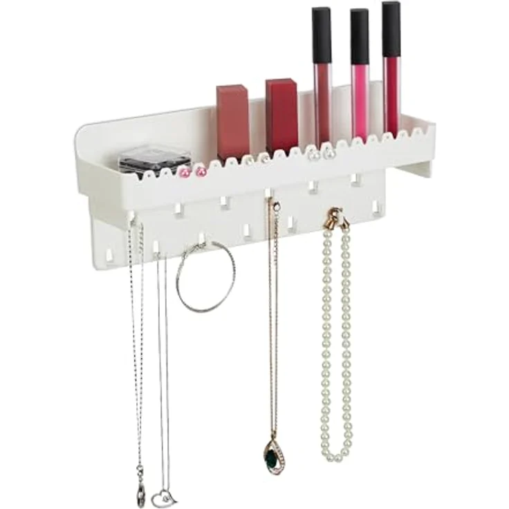 Relaxdays Schmuckhalter Wand, Kettenhalter mit Ablage für Ketten, Ohrringe & Armbänder, weiß, 13 Haken, 18 Steckplätze, HxBxT: 12 x 30 x 8 cm – Bild 1