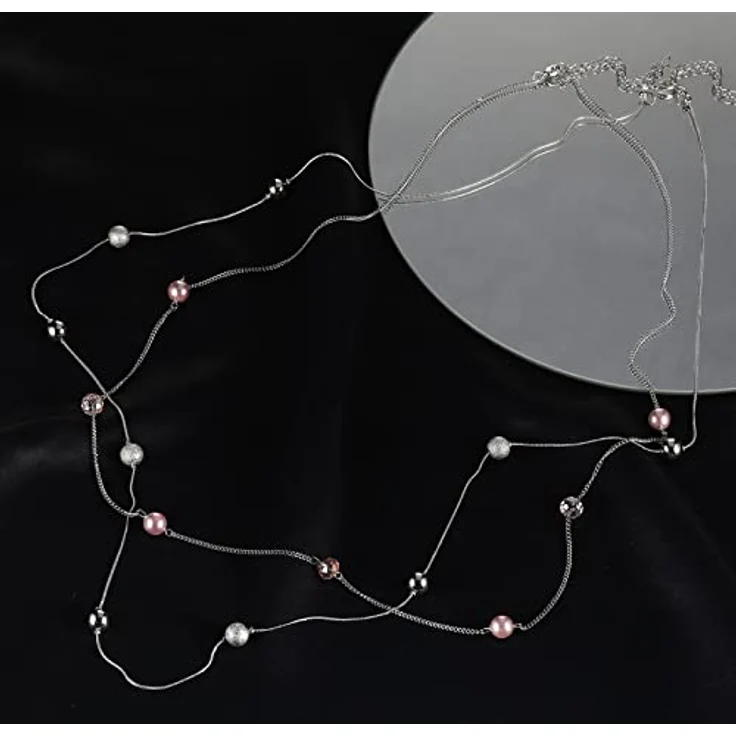 FULU AUTUMN Damen Statement Kette, Lange Perlenkette in Pink und Silber, Zwei Strang Modeschmuck Halskette, verstellbare Längen 39-43 Zoll – Bild 2