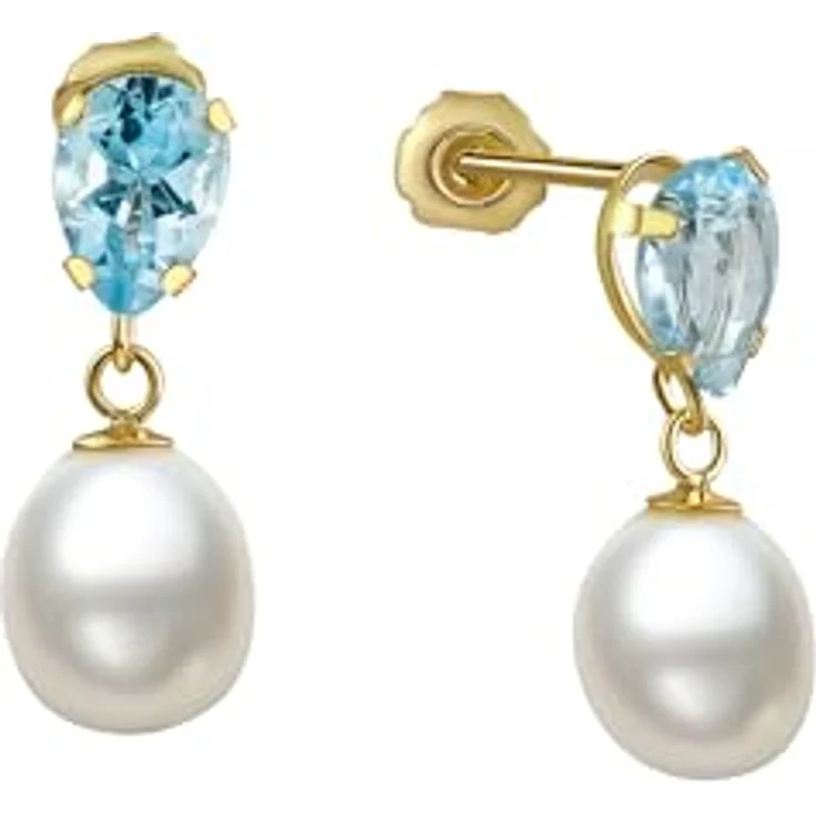 Fascination by Ellen K. Damen-Ohrstecker 8 Karat (333) Gelbgold mit Blautopas und blauer Süßwasserzuchtperle – Bild 1