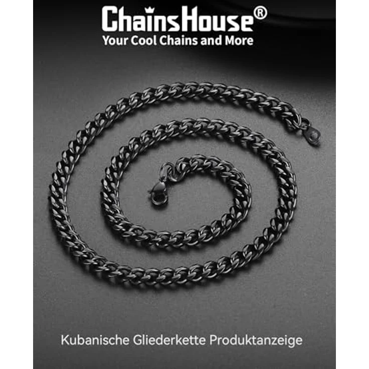 ChainsHouse 6mm Schwarze Edelstahl Herren Panzerkette, 55cm Kubanische Halskette ohne Anhänger für Männer, Hip Hop Halsschmuck – Bild 4