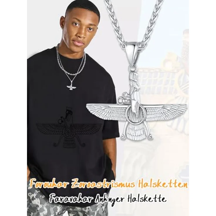 U7 Herren Faravahar Anhänger Halskette Edelstahl, Silber mit verstellbarer Weizenkette, Zoroastrismus Symbol Amulett für Männer – Bild 2