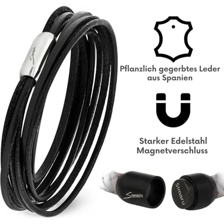 Simaru Designer Lederarmband, Wickelarmband für Herren & Damen, pflanzlich gegerbtes Leder mit Edelstahl Magnetverschluss, Made in Germany, schwarz (Größe M) – Bild 3