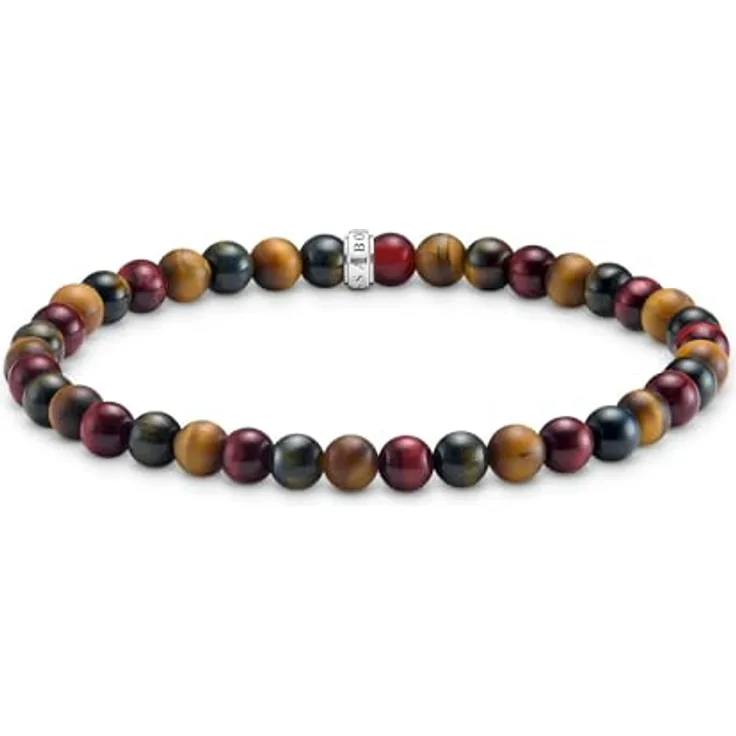 Thomas Sabo Talisman-Armband aus recyceltem 925 Silber, Tigerauge-Edelsteine in Rot, Blau und Braun auf Stretchband
