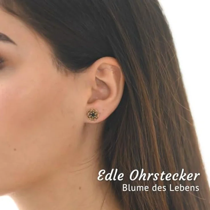 Materia Blumen Ohrringe Gold Stecker, Lebensblume vergoldet aus 925 Sterling Silber, flach und leicht, HOCHWERTIGE Geschenkidee für Damen – Bild 2