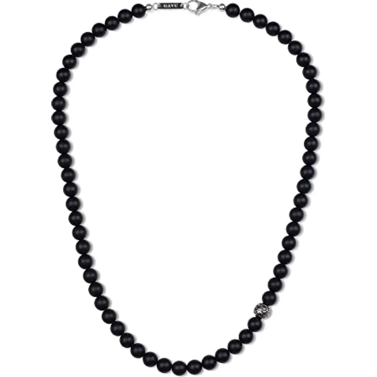 GAVU Matter Onyx Halskette, 60 cm Herren Steinkette mit 8mm matted schwarzen Onyxperlen und Edelstahl Fleur De Lis Perlen, handgefertigt, wasserdicht, in Geschenkbox
