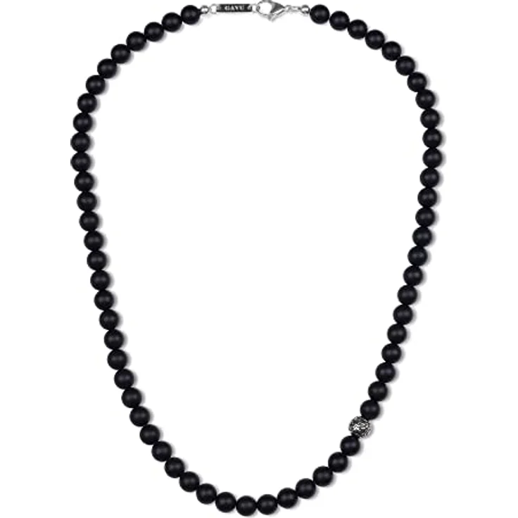 GAVU Matter Onyx Halskette, 60 cm Herren Steinkette mit 8mm matted schwarzen Onyxperlen und Edelstahl Fleur De Lis Perlen, handgefertigt, wasserdicht, in Geschenkbox – Bild 1