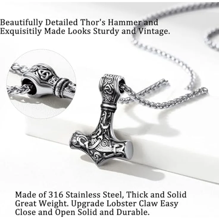 Manqyi Thor Hammer Anhänger, Wikinger Kette für Herren, Keltischer Knoten, 60cm Edelstahlkette, hochwertig und robust – Bild 3
