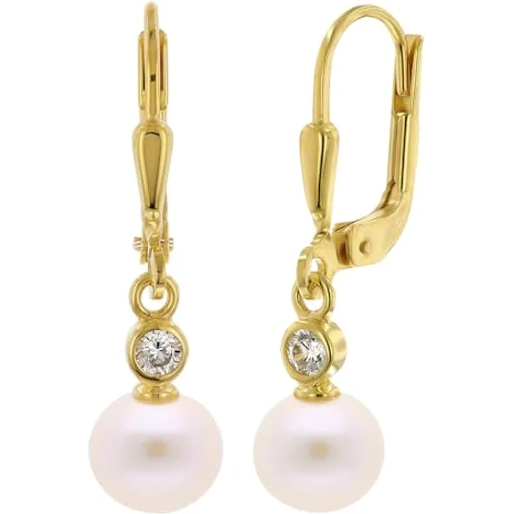 trendor Damen-Ohrringe 333 Gold Perlen-Ohrhänger mit 6,5 mm Süßwasser-Zuchtperlen und Zirkonia, eleganter Ohrschmuck für Frauen, inklusive Geschenkbox