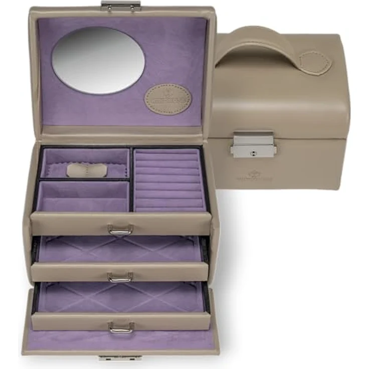 Windrose kleiner Schmuckkoffer Merino Moda, beige-legacy, handgefertigt aus edler Lederoptik mit optimaler Organisation – Bild 1