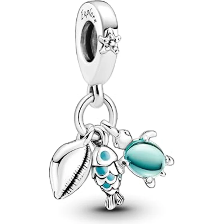 PANDORA Moments Dreifacher Charm-Anhänger, Fisch, Meeresschildkröte & Muschel aus Sterling-Silber mit türkisfarbenen Emaille-Details und Murano-Glas, kompatibel mit Moments Armbändern – Bild 3
