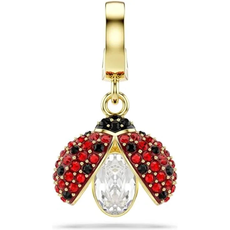 Swarovski Kettenanhänger Marienkäfer-Charm, vergoldetes Metall mit 1 beweglichem Swarovski-Kristall in Rot und Schwarz