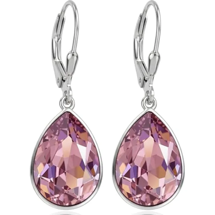 NOBEL SCHMUCK 925 Silberohrringe Rosa mit Markenkristallen, Tropfen-Design, Klapp-Verschluss, Made in Germany