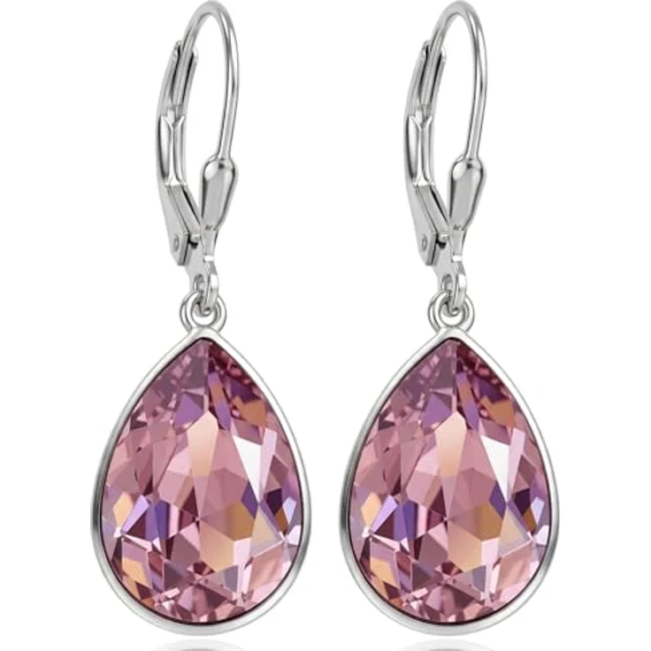 NOBEL SCHMUCK 925 Silberohrringe Rosa mit Markenkristallen, Tropfen-Design, Klapp-Verschluss, Made in Germany – Bild 1