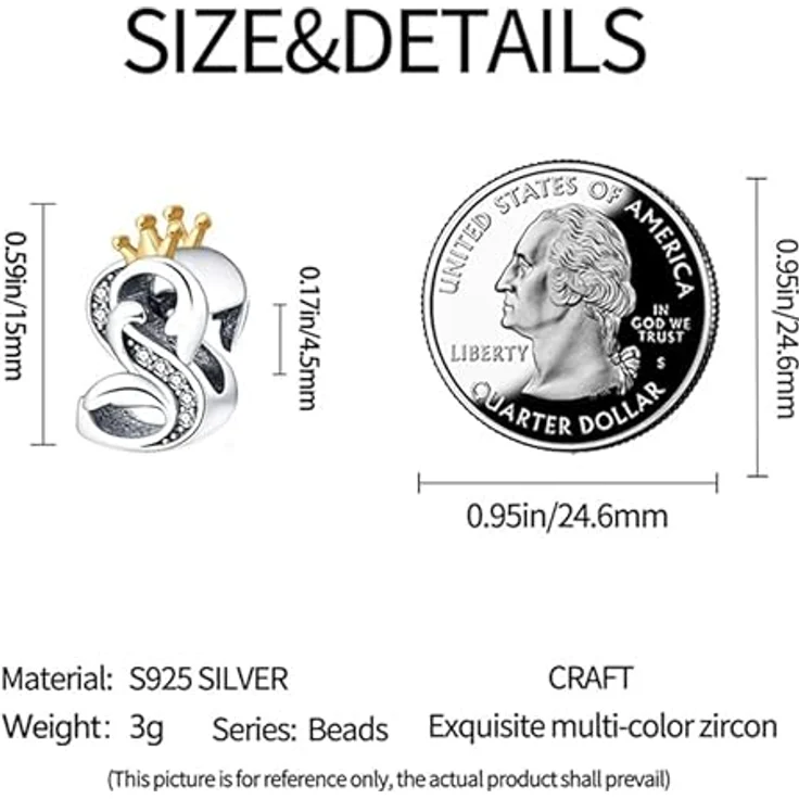 TINSLO Charm Anhänger Buchstabe S, 925 Sterling Silber mit Zirkonia, passend für Pandora Armband und Halskette, kompatibel mit europäischen Beads – Bild 5