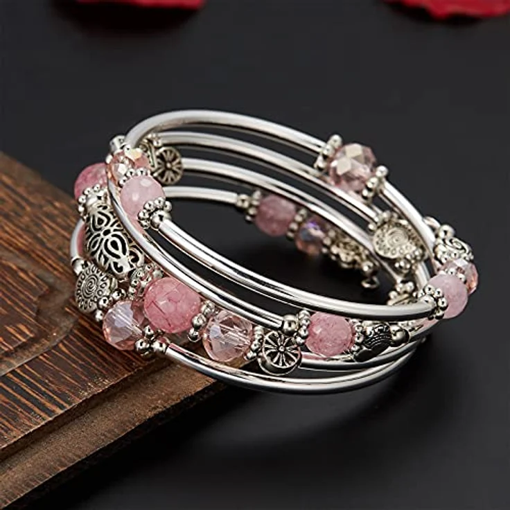 FULU AUTUMN Damen Boho Armband, Mehrschichtiges Perlen Wickelarmband aus Legierung mit Kristallglas und Versilberung, Geschenkbox, Pink – Bild 2