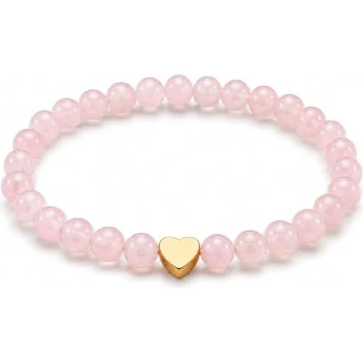 GD GOOD.designs Edelstein Rosenquarz Armband mit 18K vergoldetem Edelstahl Herz | Wasserfestes Perlenarmband Damen mit 6 mm Natursteinperlen | Elastisch 15–19 cm | Inkl. Schmuckbeutel – Bild 1