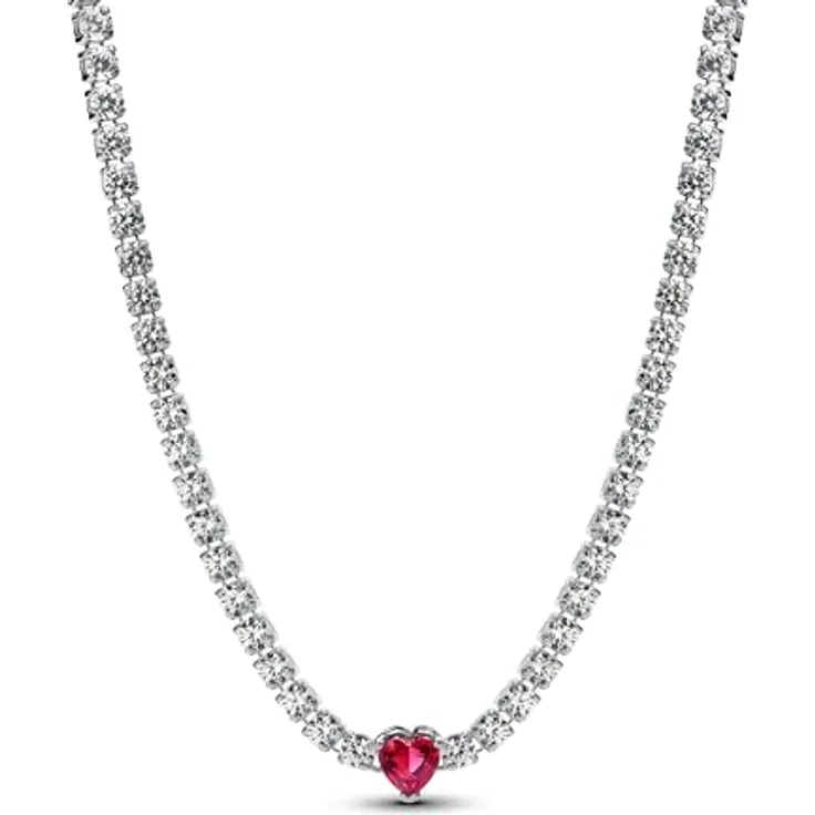 Pandora Moments Strahlenkranz Herz Choker, Sterling Silber mit kirschrotem künstlichen Kristall, Größe 40cm, 393549C01-40