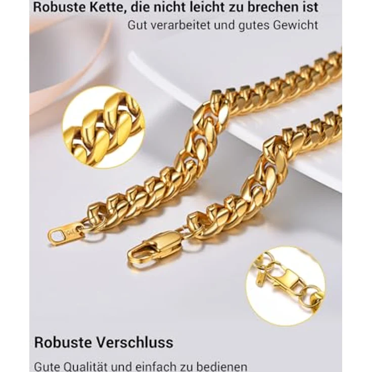 PROSTEEL Herren Panzerkette 6mm, 71 cm lange Hip-Hop Halskette, 18k vergoldet, gold – Bild 4