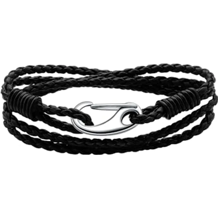 Viwind Geflochtenes Lederarmband Damen, Multilayer mit Edelstahl-Karabiner, 20cm, Schwarz, in Geschenkbox