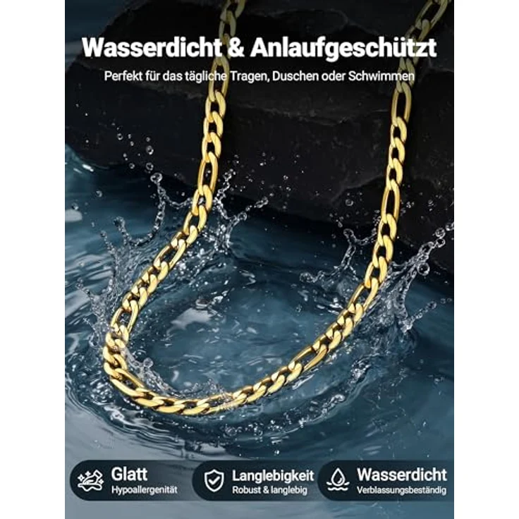PROSTEEL Herren Halskette Figaro Kette Edelstahl Gold, Breite 6mm, Länge 46cm, hypoallergen mit Anlaufschutz – Bild 2