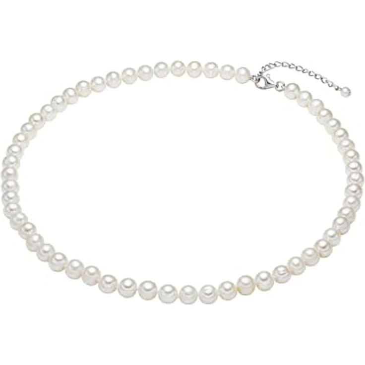 Valero Pearls Damen Perlenhalskette, Süßwasser-Zuchtperlen 7-8 mm Weiß, potatoförmig, 925/- Sterling Silber, in Schmuckbox – Bild 3