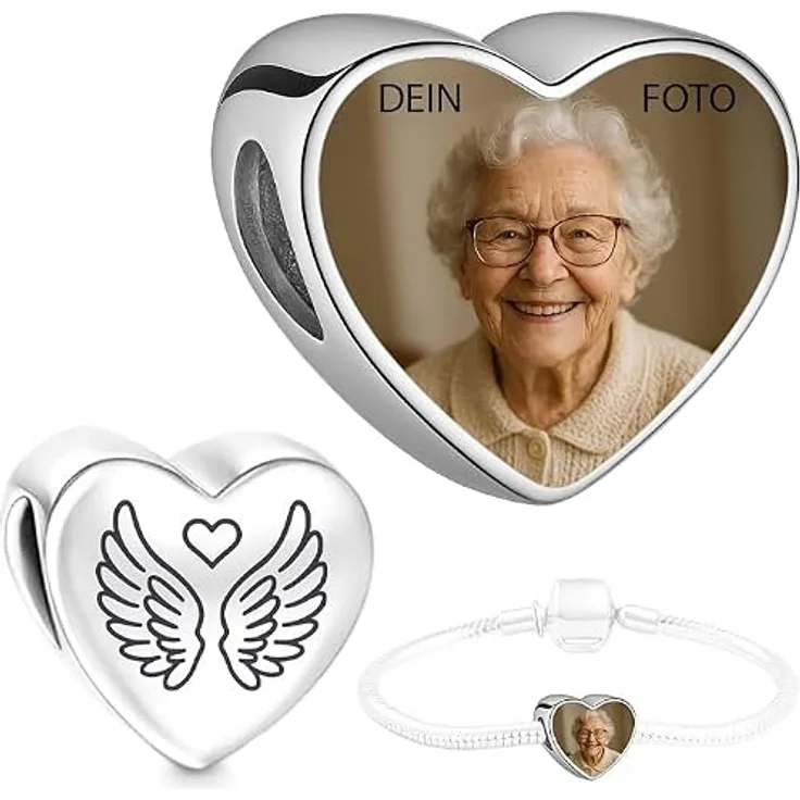 2Burned Personalisierter Engelsflügel Schmuck, Foto-Charms aus Edelstahl, kompatibel mit europäischem Schlangenarmband, gravierbarer Herztext, Bild hinzufügen