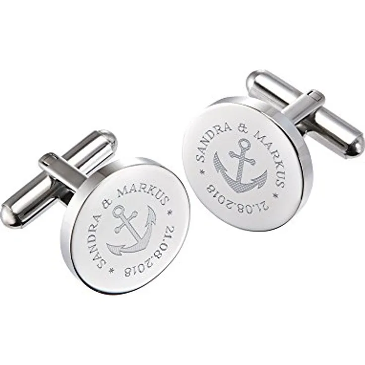 Gravado Mondgold Runde Manschettenknöpfe, Edelstahl mit Anker Gravur, personalisierbar mit Namen und Datum, silberfarben