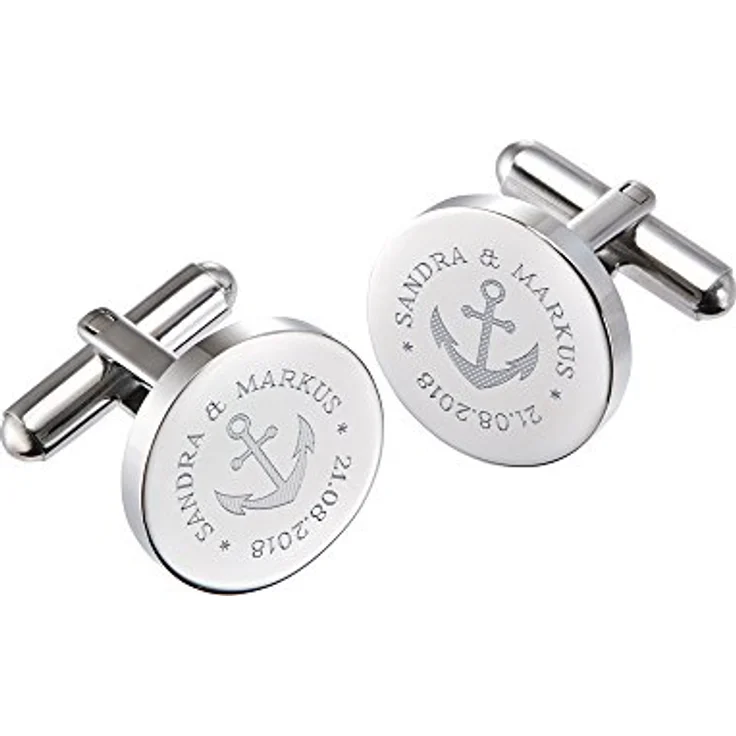 Gravado Mondgold Runde Manschettenknöpfe, Edelstahl mit Anker Gravur, personalisierbar mit Namen und Datum, silberfarben – Bild 1