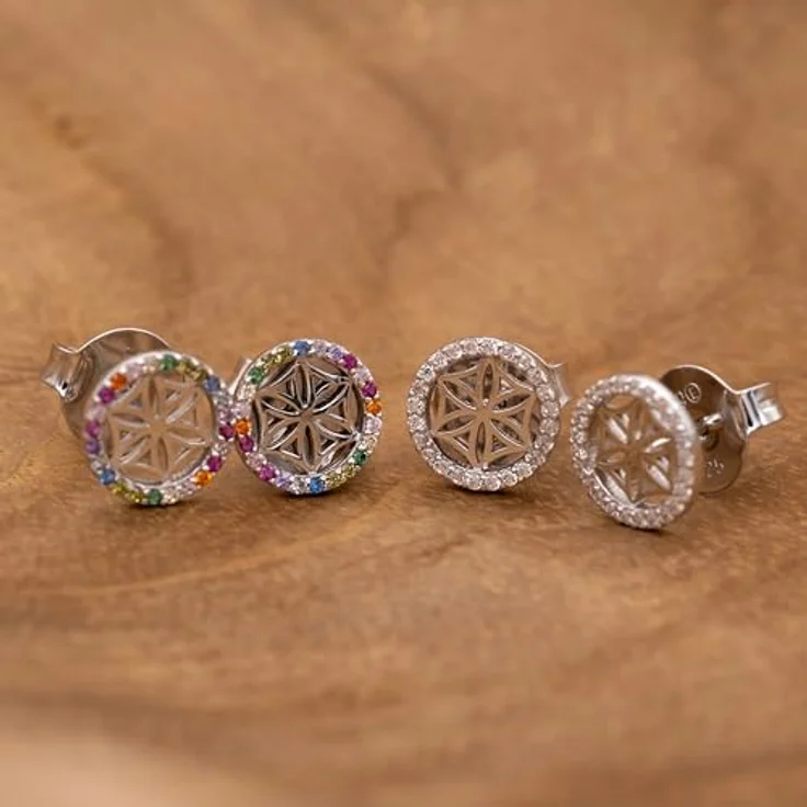 Engelsrufer Damen Ohrstecker Lebensblume, Sterling Silber mit multicolor Zirkonia Steinen, nickelfrei, Steckverschluss – Bild 3