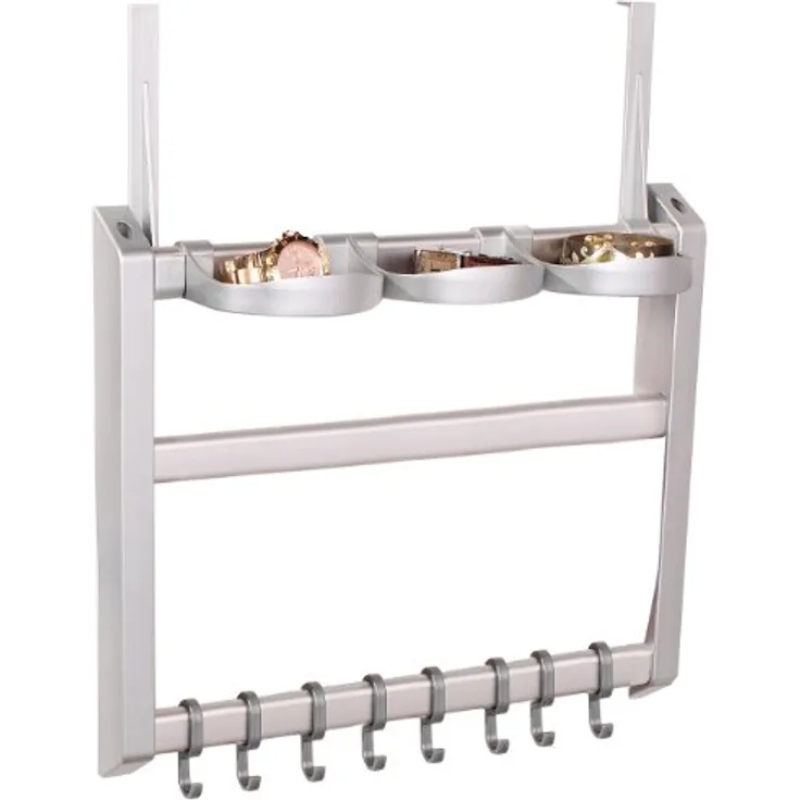Ruco V504 Accessoires-Halter, Schmuckständer mit 3 Ablageschalen und 8 Haken, ohne Bohren montierbar, aus eloxiertem Aluminium, Made in Germany
