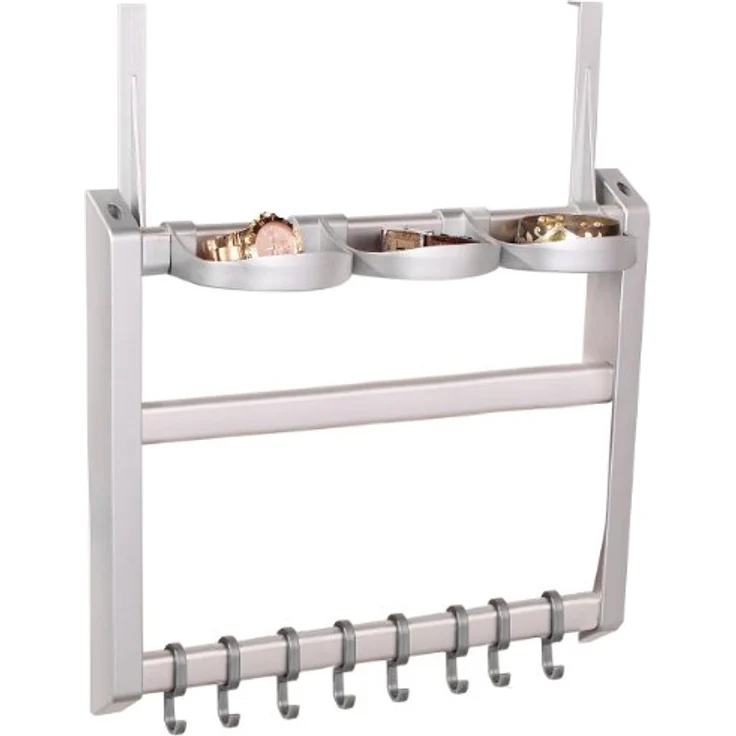 Ruco V504 Accessoires-Halter, Schmuckständer mit 3 Ablageschalen und 8 Haken, ohne Bohren montierbar, aus eloxiertem Aluminium, Made in Germany – Bild 1