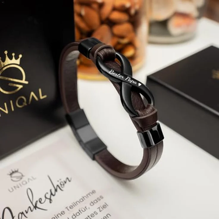 Q UNIQAL STORE GERMANY UNIQAL Leather Bracelet "SHAPE" mit Gravur, personalisierbar, Magnetverschluss, aus echtem Rindsleder, Braun Infinity, 21 cm, unisex – Bild 4
