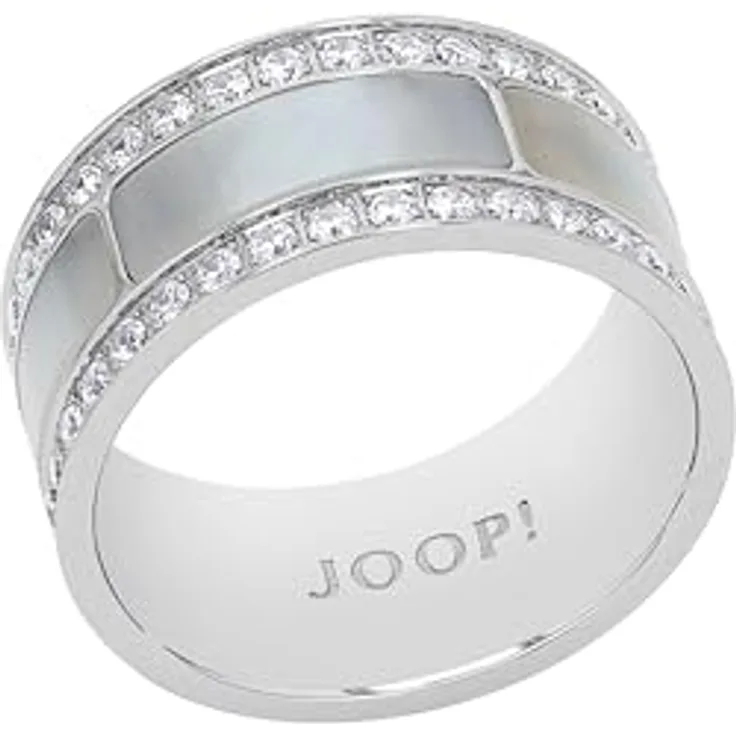 JOOP! Damenring Edelstahl mit 68 Zirkonia, Perlmutt und glänzendem Silber, 10 mm Breite, in Schmuck Geschenk Box