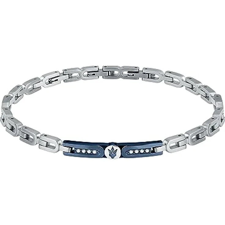 Maserati Herrenarmband Iconic Collection, Edelstahl mit weißen Kristallen und blauem IP Dreizack, 18+3,5 cm