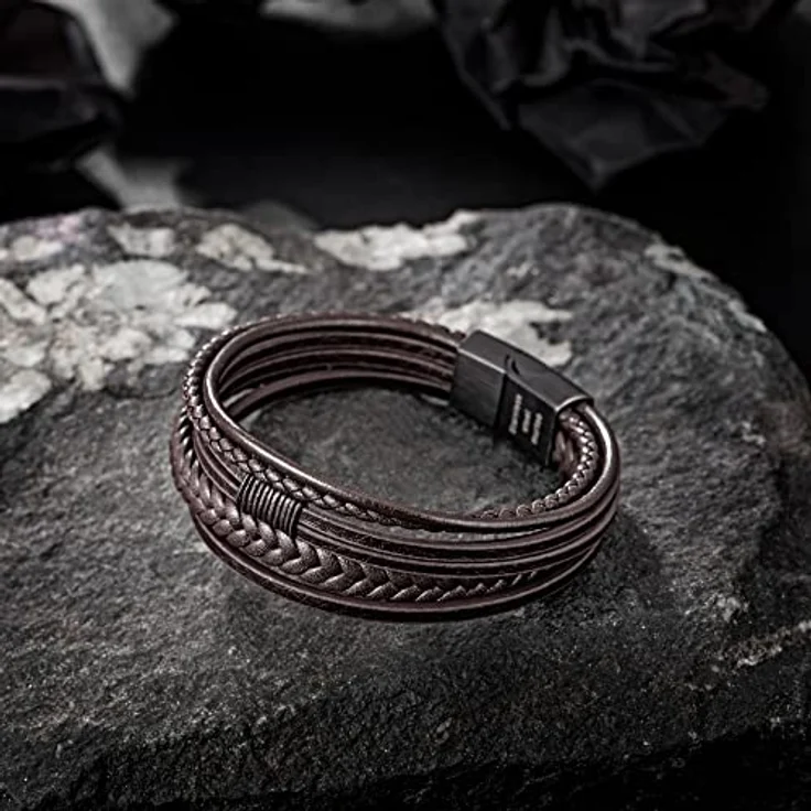 Speroto Lederarmband für Herren, geflochtenes Herren Armband aus Rindsleder und Edelstahl, Braun Style C, 23 cm – Bild 2
