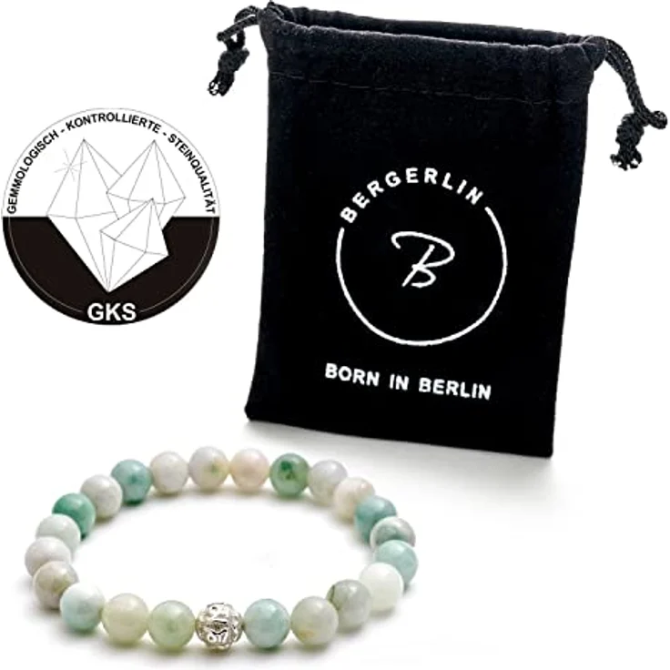 BERGERLIN Jade Armband, Perlenarmband aus echtem Naturstein mit 925 Sterling Silberperle, Handgemacht, Unisex, Größen XS-S und M-L – Bild 2