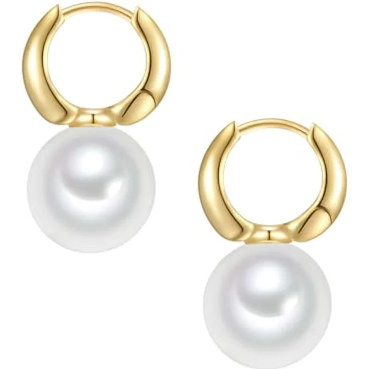 Rafaela Donata Creolen Damen, 925/- Sterling Silber gelbvergoldet mit 12 mm weißen Muschelkernperlen, Klappcreolen, zeitloses Design – Bild 2