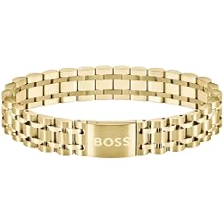 BOSS Jewelry Armband OWAN, Fünf-Glieder-Armband mit Knebelverschluss, gelbgoldene Ionenplattierung, anpassbare Passform, elegante Logo-Gravurplatte