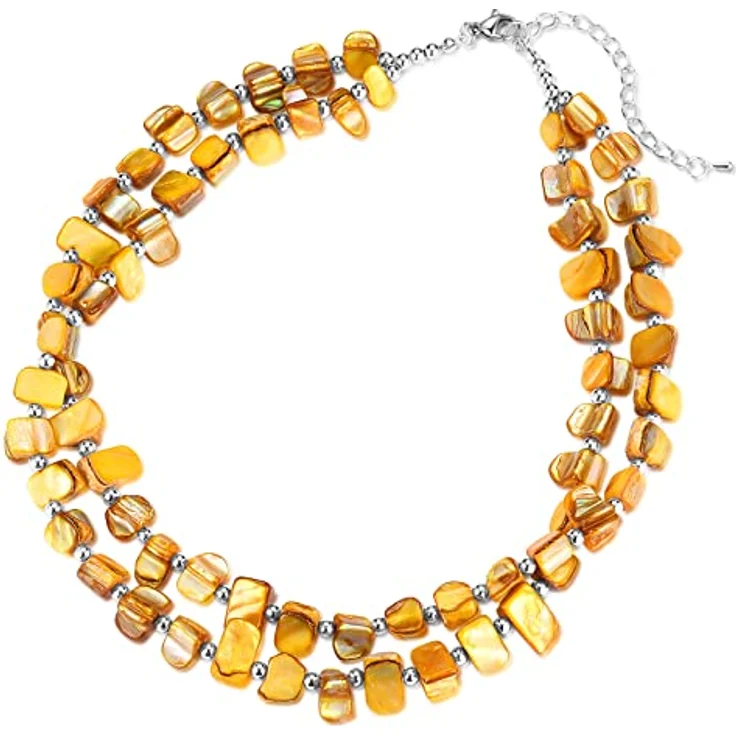 Bulinlin Boho Bunte Perlenkette Damen Muschelkette, Verstellbar, 43 cm + 7 cm Verlängerung, Handgemachte Choker Halskette, Gelb – Bild 1