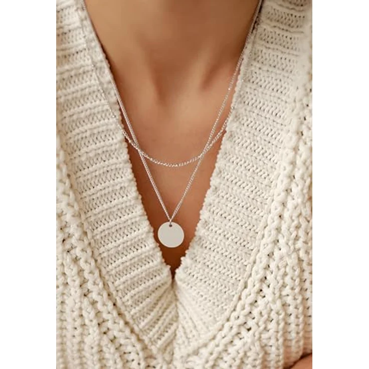 Happiness Boutique Damen Zweireihige Kette mit Kreis Anhängern aus Edelstahl in Silberfarbe | Trendige Mehrreihige Kette mit Runde Plättchen für jeden Anlass – Bild 2