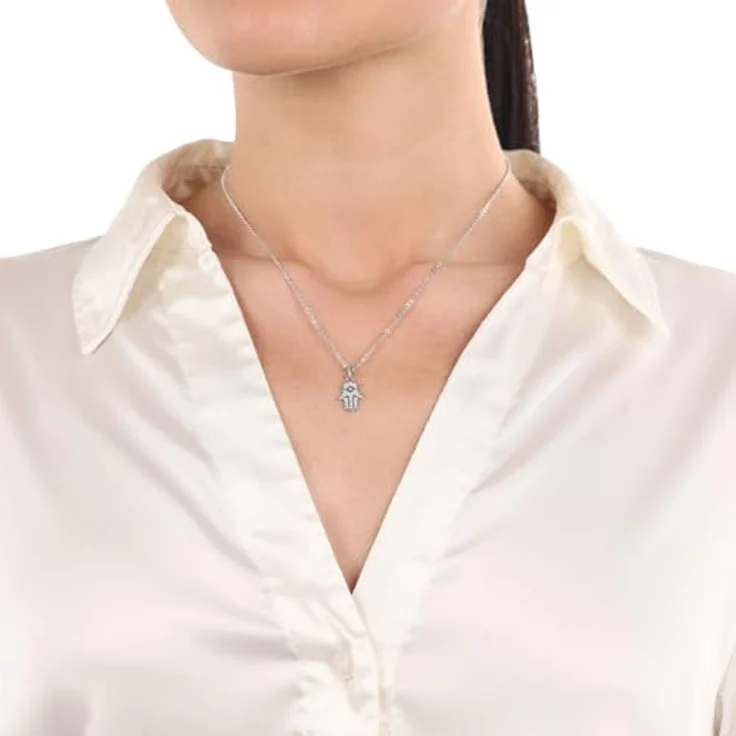 Amor Kettenanhänger Damen, Hamsa Hand aus 925 Sterling Silber mit Zirkonia Steinen, Gold in Geschenk Box – Bild 2