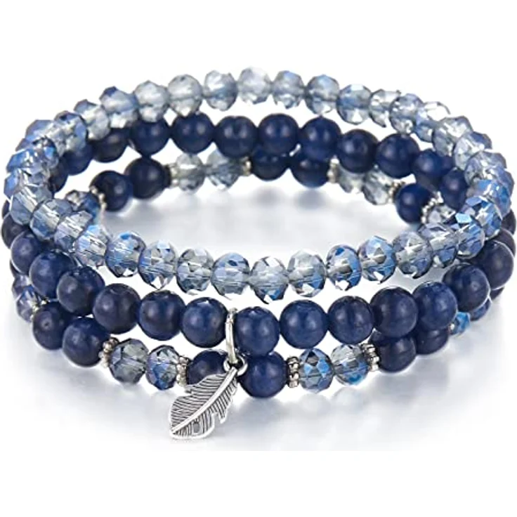 FULU AUTUMN Perlenarmband Set, mehrschichtiges Boho Damen Armband aus Natursteinen, elastisch, dunkelblau – Bild 1