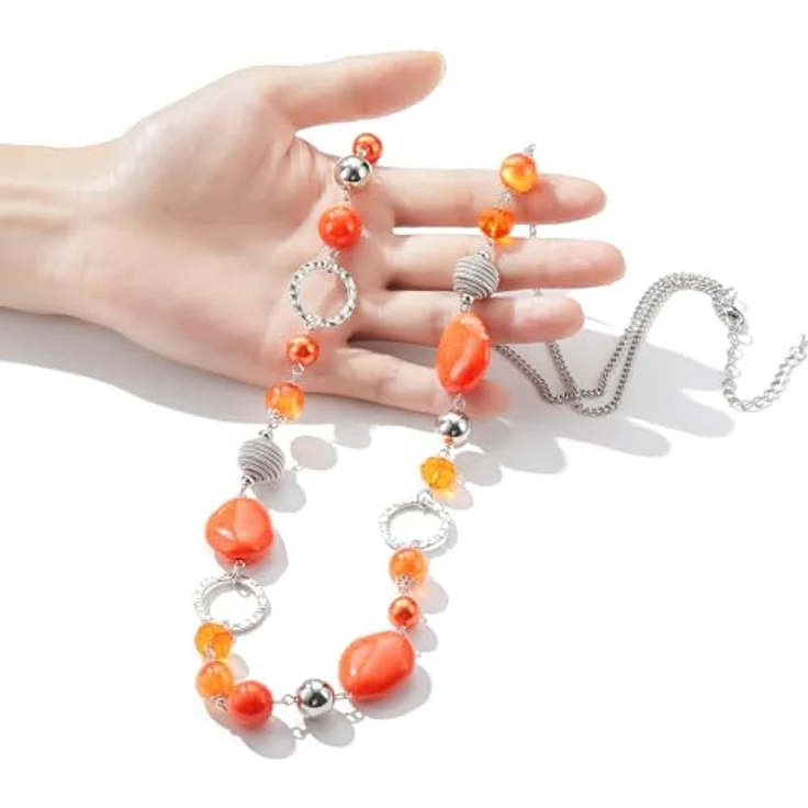 Bulinlin Damen Lange Perlenkette, Statement Boho Silberkette mit Harz- und Glaskristallperlen, orange, 35-Zoll mit Verlängerung – Bild 5