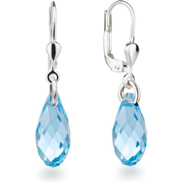 Schöner-SD Ohrringe 925 Silber, Hängende Ohrhänger mit 13mm Briolett Kristallen in Aquamarin blau – Bild 1